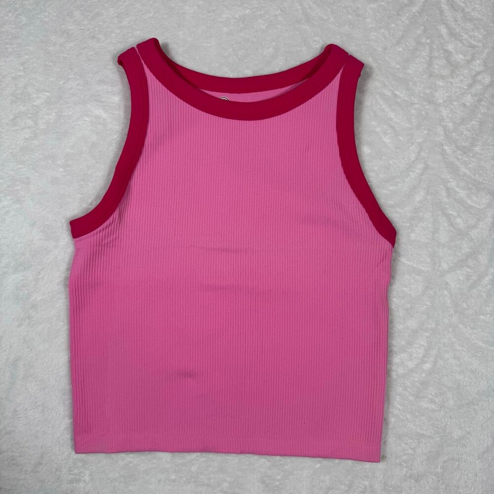 ZJCT Women's Large Contrast Pink Ribbed Knit Crop Tank Top Girlie Compression